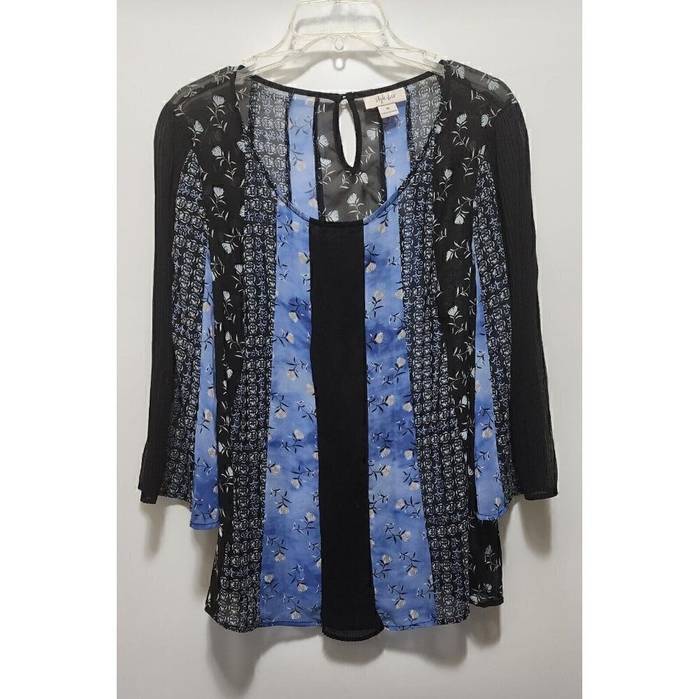 Style & Co Women Blue/Black Floral Printed 3/4 Bell Sleeves Top Boat Neck Size M